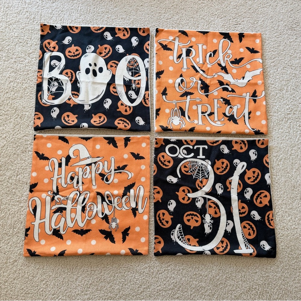 Halloween Decorative Pillow Covers - Orange & Black Set of 4